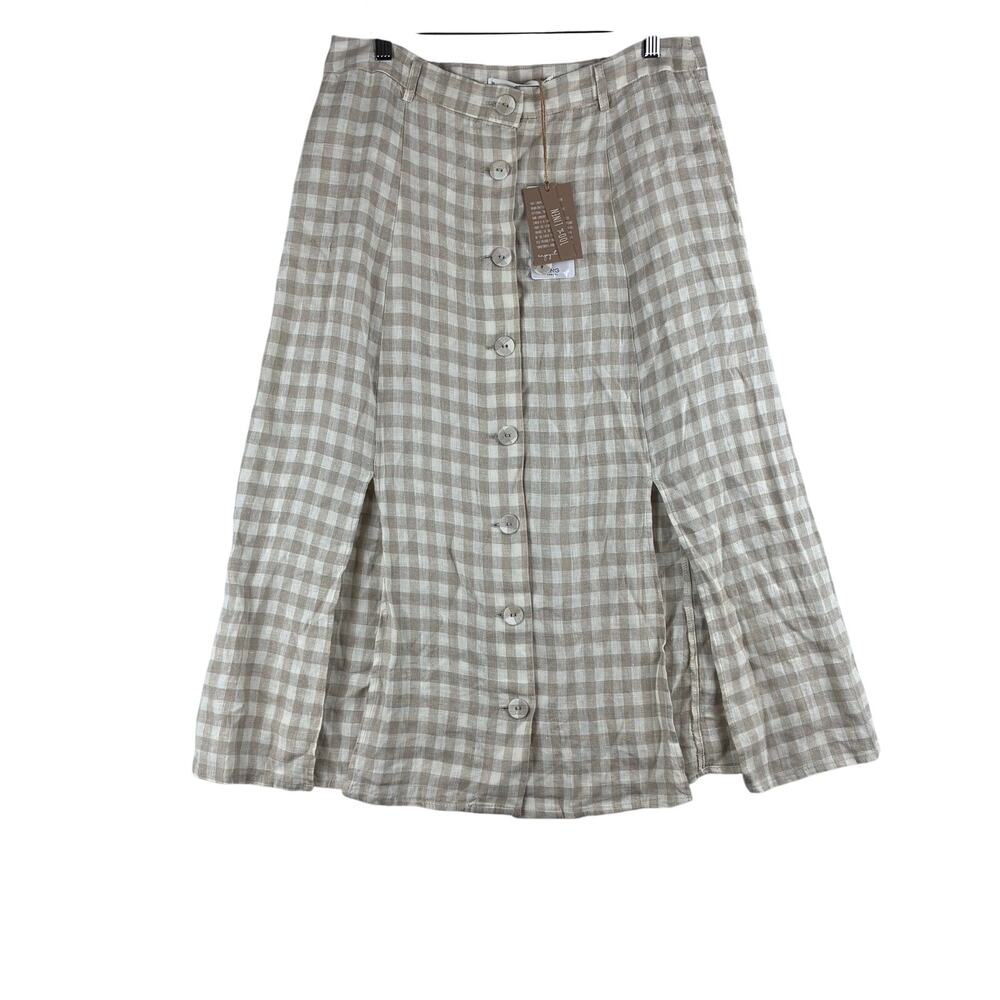 MNG Mango Linen Midi Skirt Women's Medium Slit Front Gingham Plaid Cottage NWT